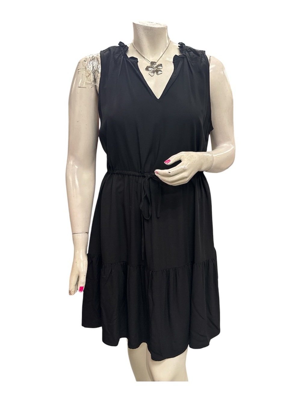 GAP Black Sleeveless V-Neck Tiered Drawstring Mini Dress